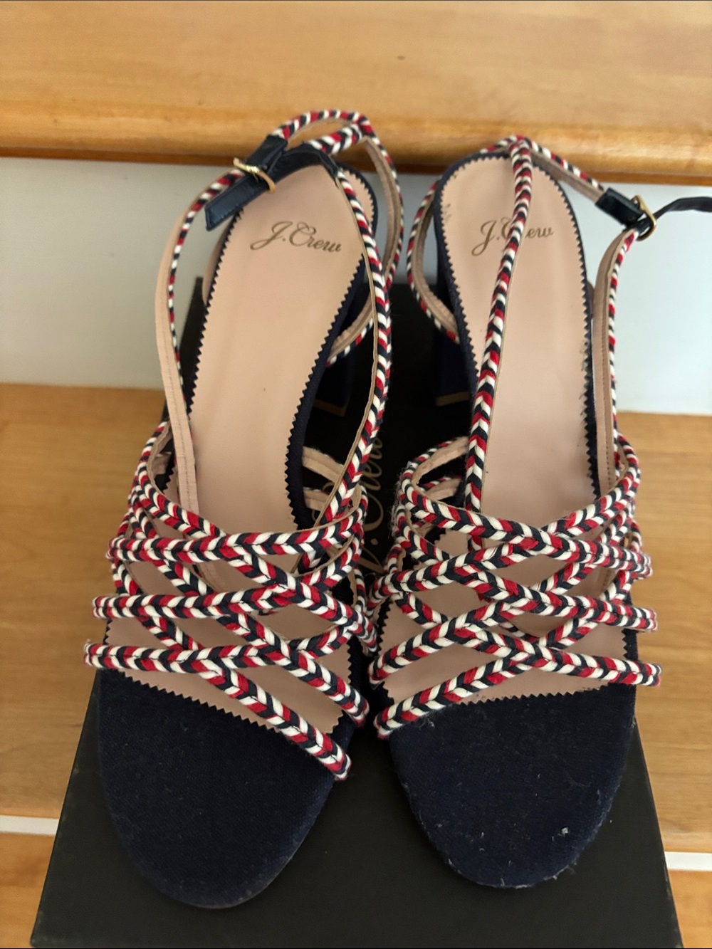J. Crew Navy Multicolor Braided Strappy Block Heels